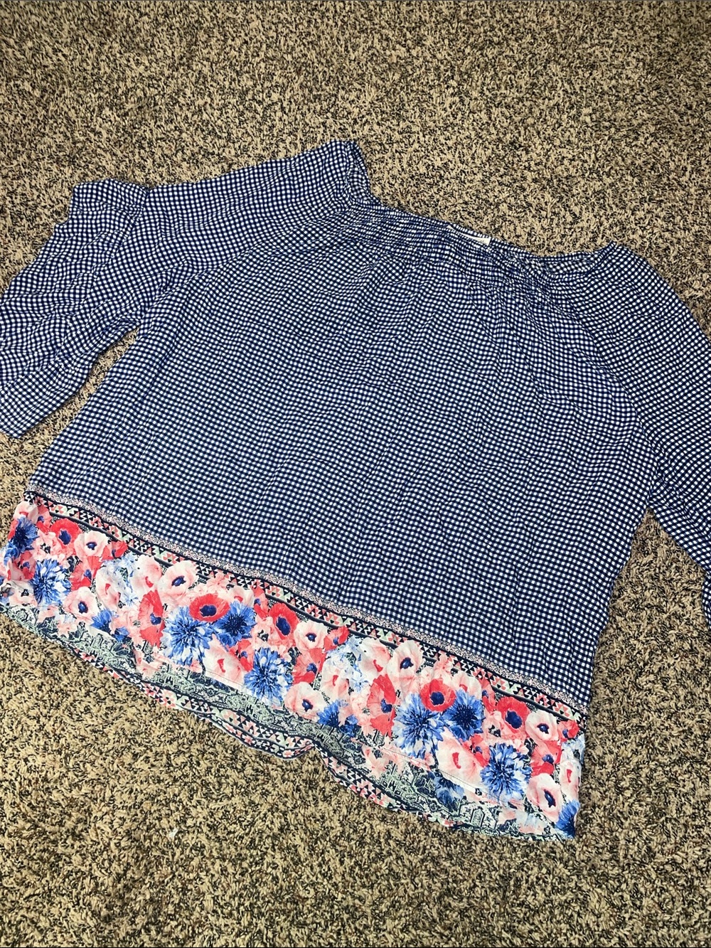 Bohemian Gingham Off-Shoulder Top with Floral Hem Flutter Sleeve Plus 2X EUC